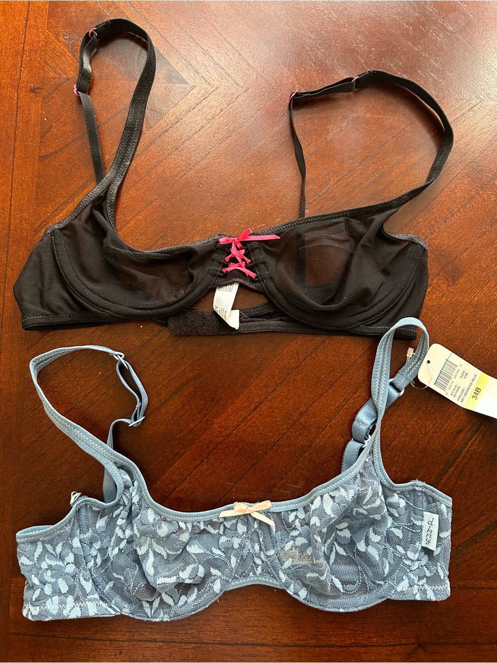 Dkny Black Mesh Bra with Pink Accent & Light Blue Lace Bra Duo size 34B